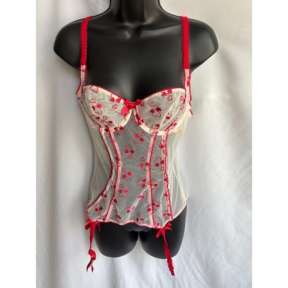 Adore Me Red Corset Lingerie Top Bustier 36B Romantic Mesh Lace Hearts Date - Picture 1 of 11